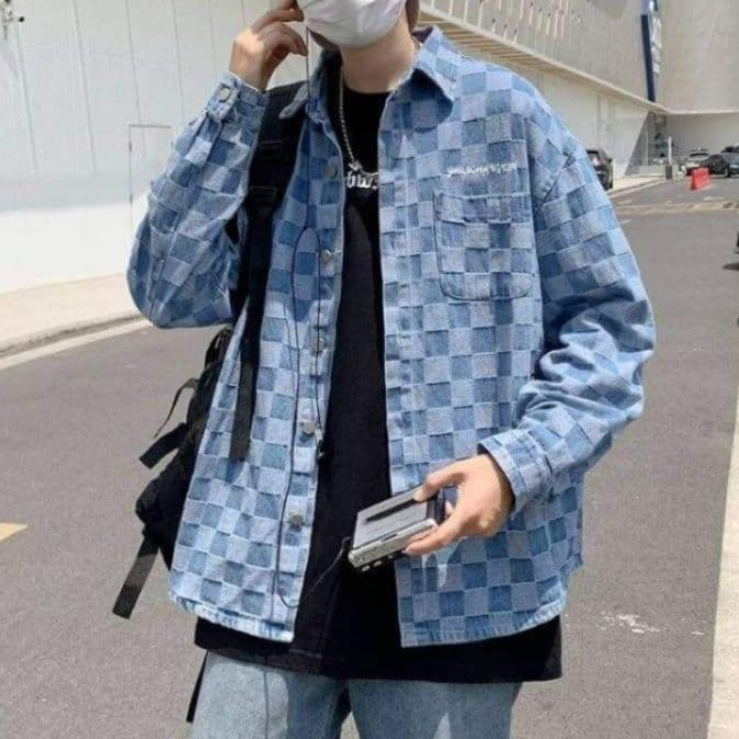 ストリートファッション 市松模様オーバーサイズシャツ