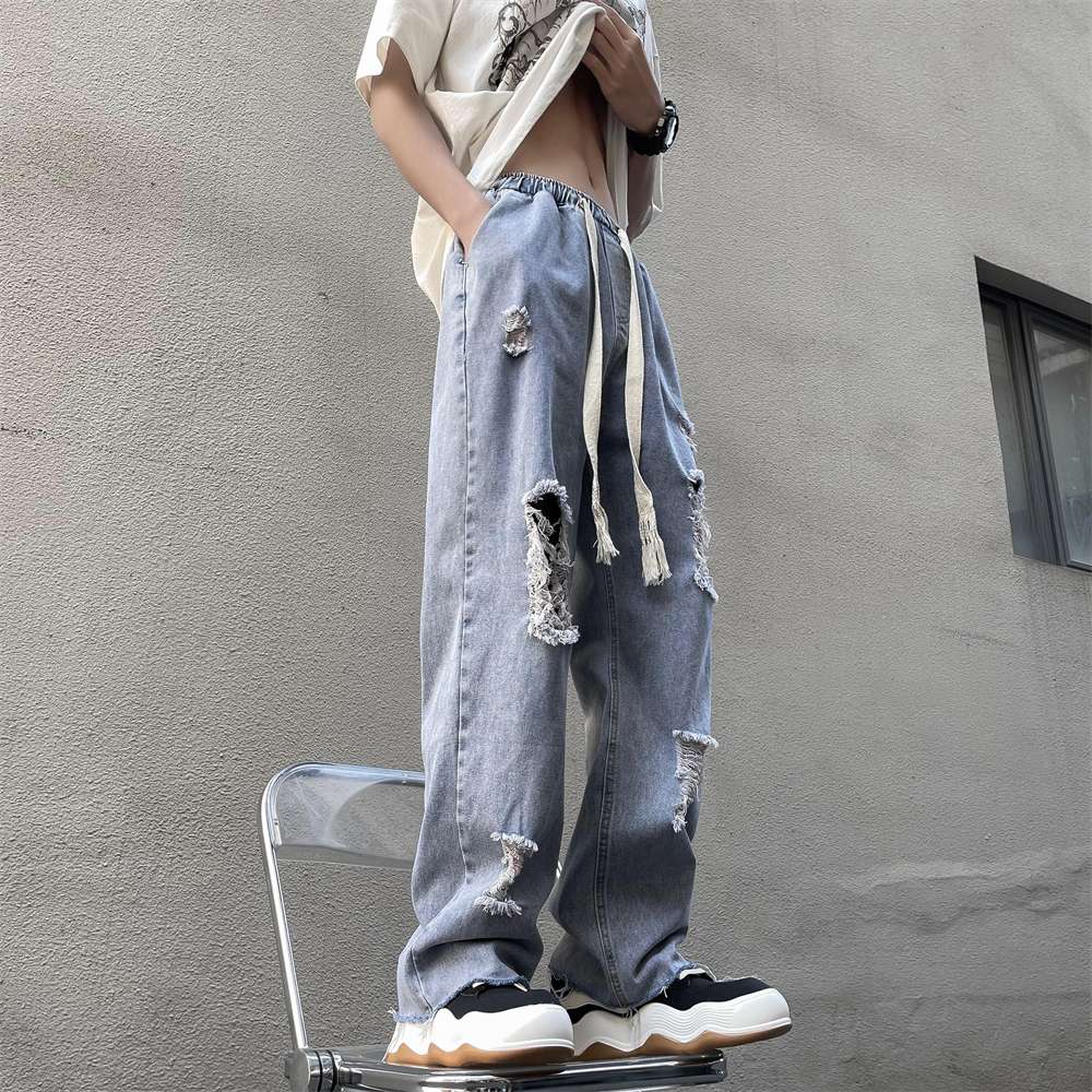 ストリートファッション ダメージ加工ワイドデニムパンツ