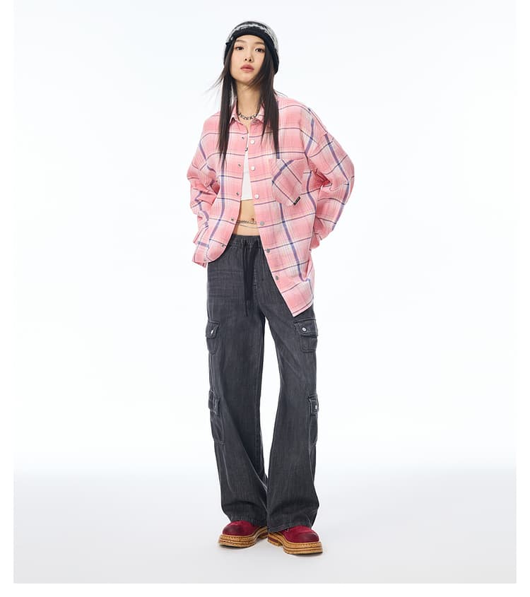 ストリートファッション ゆったりシルエットチェックシャツ