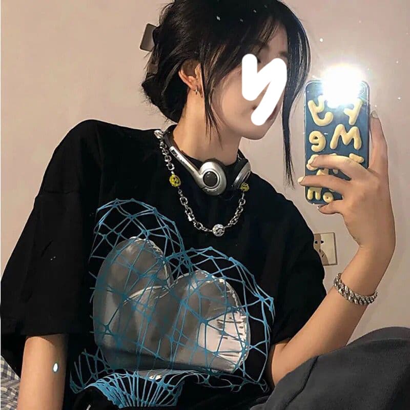 ストリートファッション 立体ハートグラフィック半袖