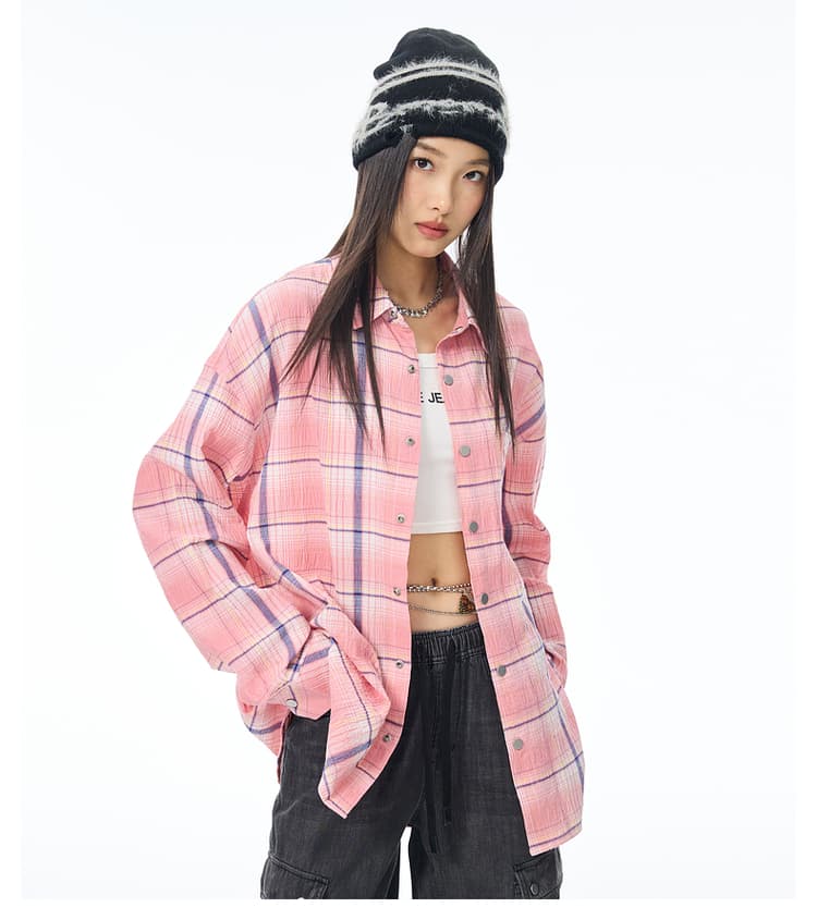 ストリートファッション ゆったりシルエットチェックシャツ