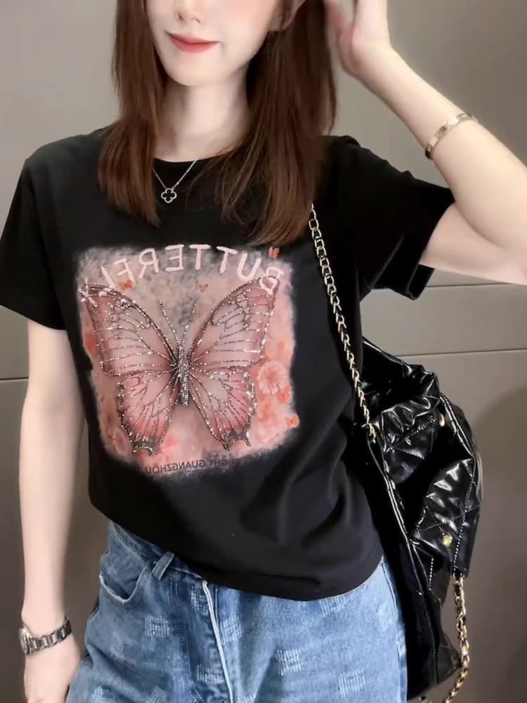 ストリートファッション 蝶々の輝き 半袖トップス