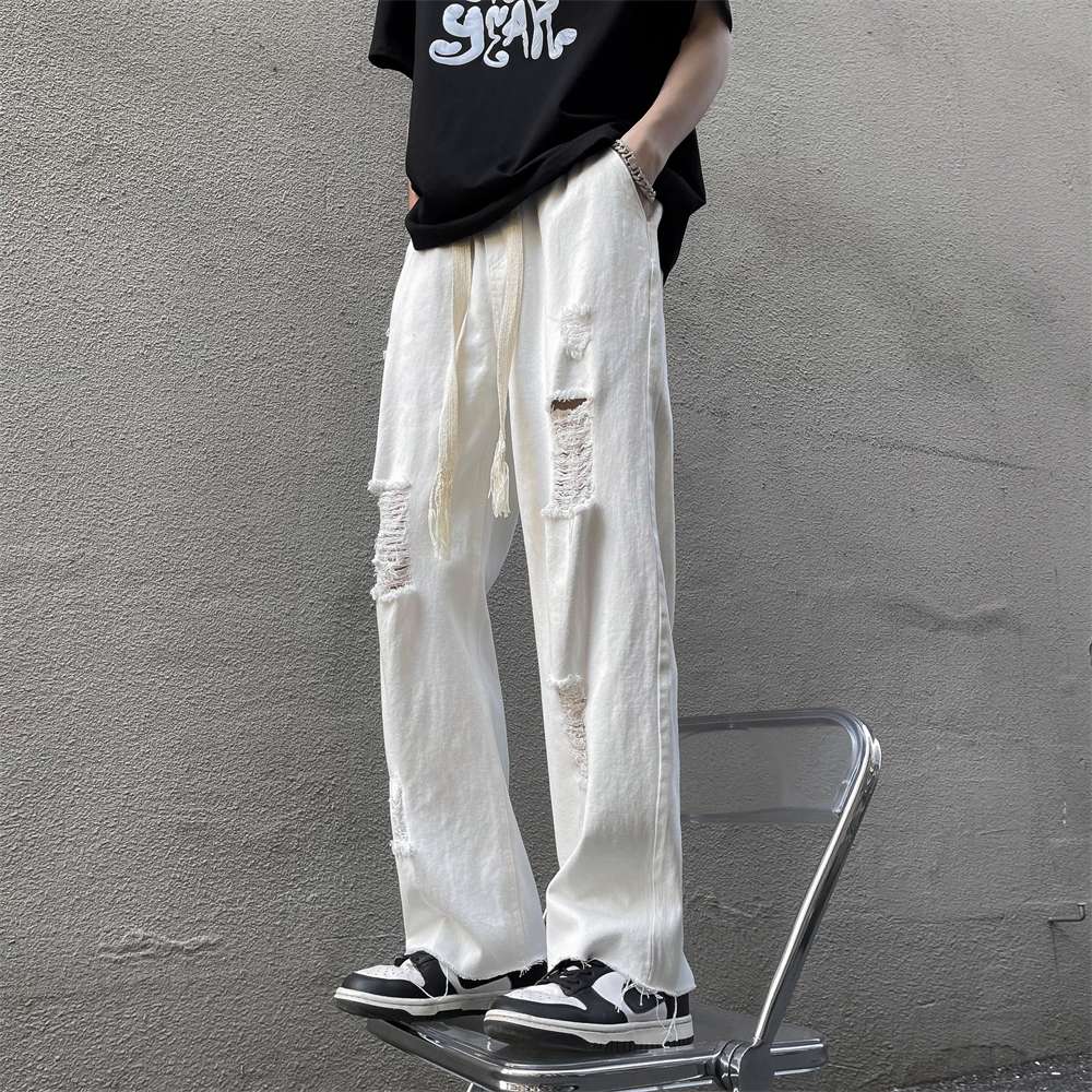 ストリートファッション ダメージ加工ワイドデニムパンツ