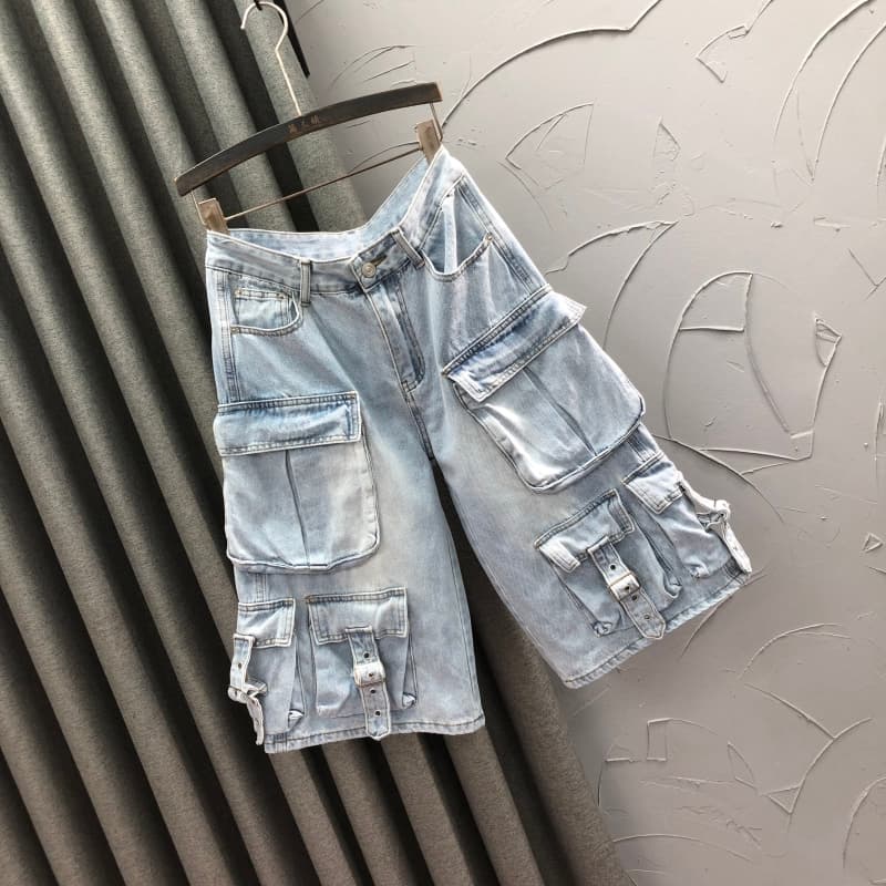 ストリートファッション ベルトアクセント多機能ポケットパンツ