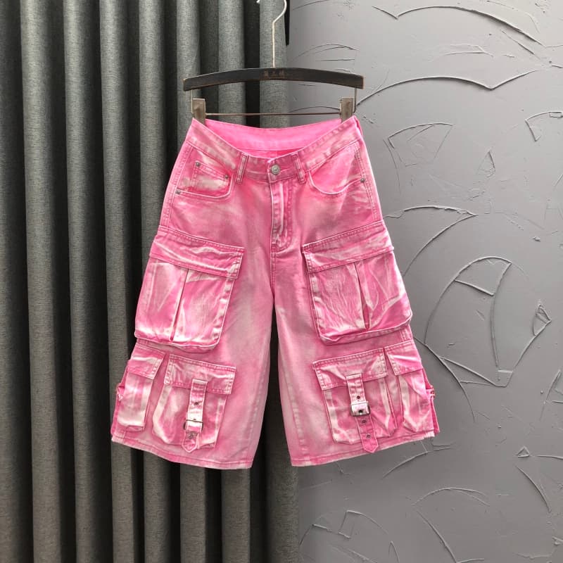 ストリートファッション ベルトアクセント多機能ポケットパンツ