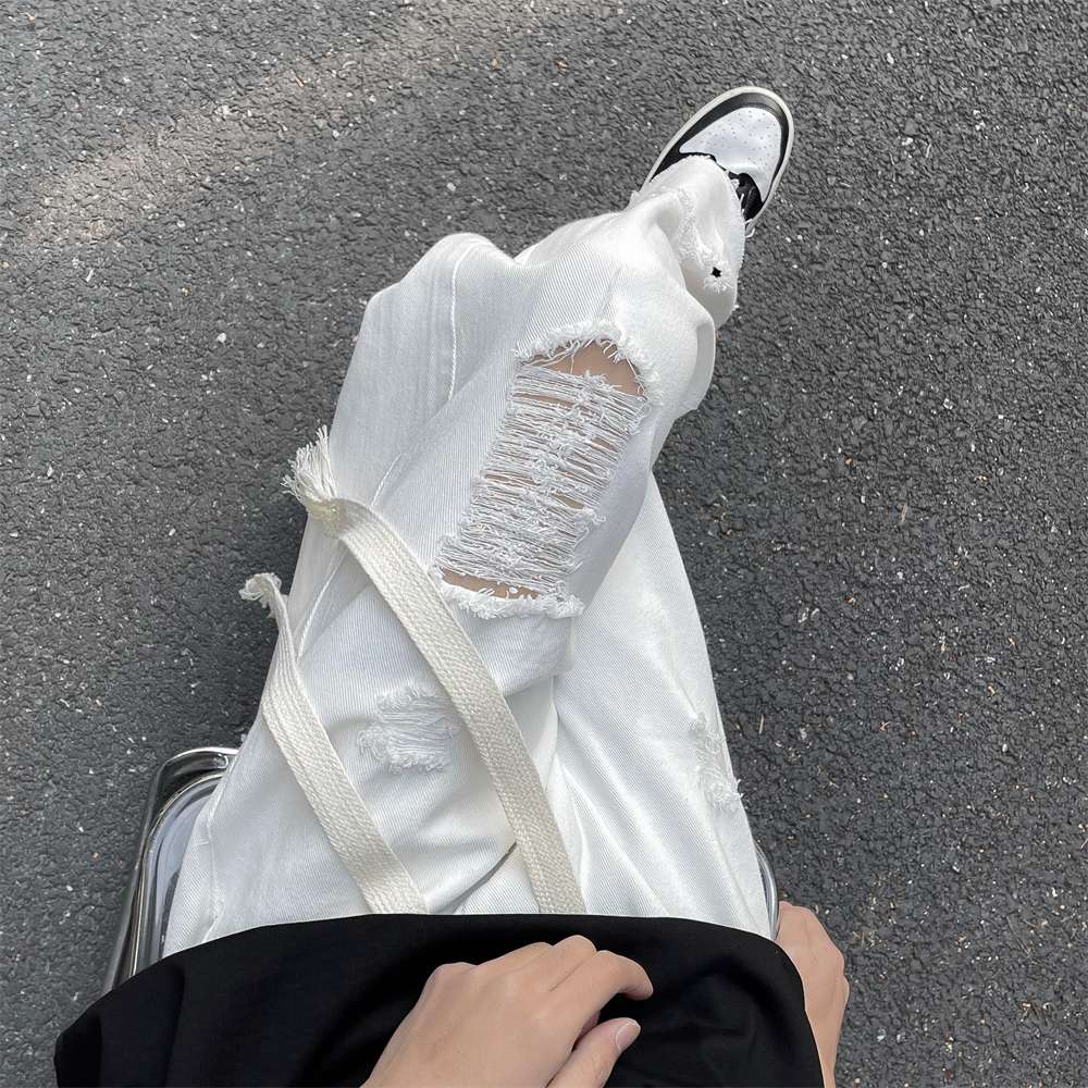 ストリートファッション ダメージ加工ワイドデニムパンツ
