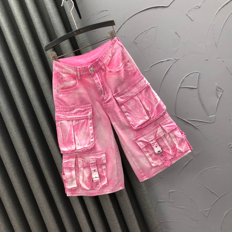 ストリートファッション ベルトアクセント多機能ポケットパンツ