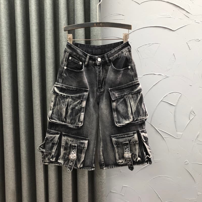 ストリートファッション ベルトアクセント多機能ポケットパンツ