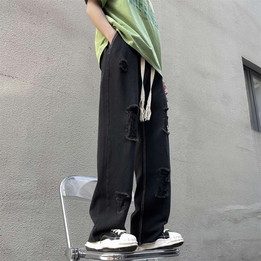 ストリートファッション ダメージ加工ワイドデニムパンツ
