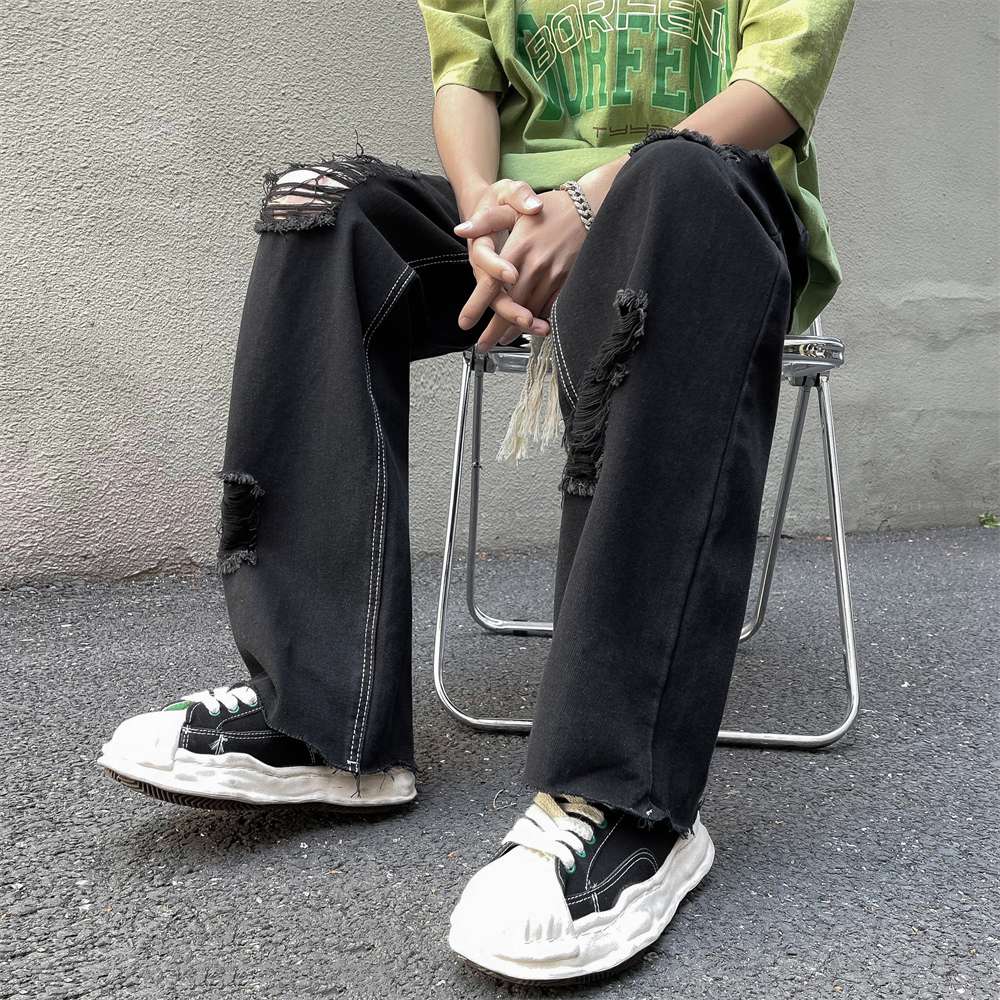 ストリートファッション ダメージ加工ワイドデニムパンツ