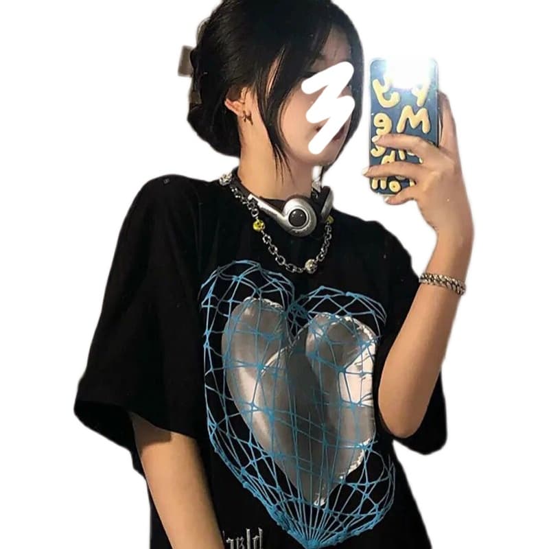 ストリートファッション 立体ハートグラフィック半袖