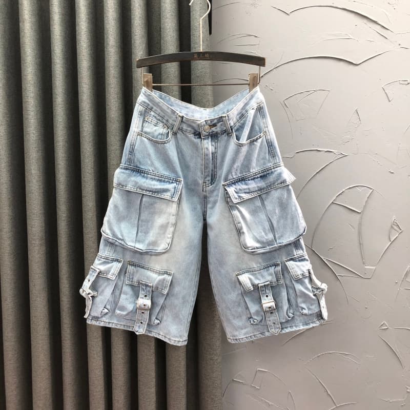 ストリートファッション ベルトアクセント多機能ポケットパンツ