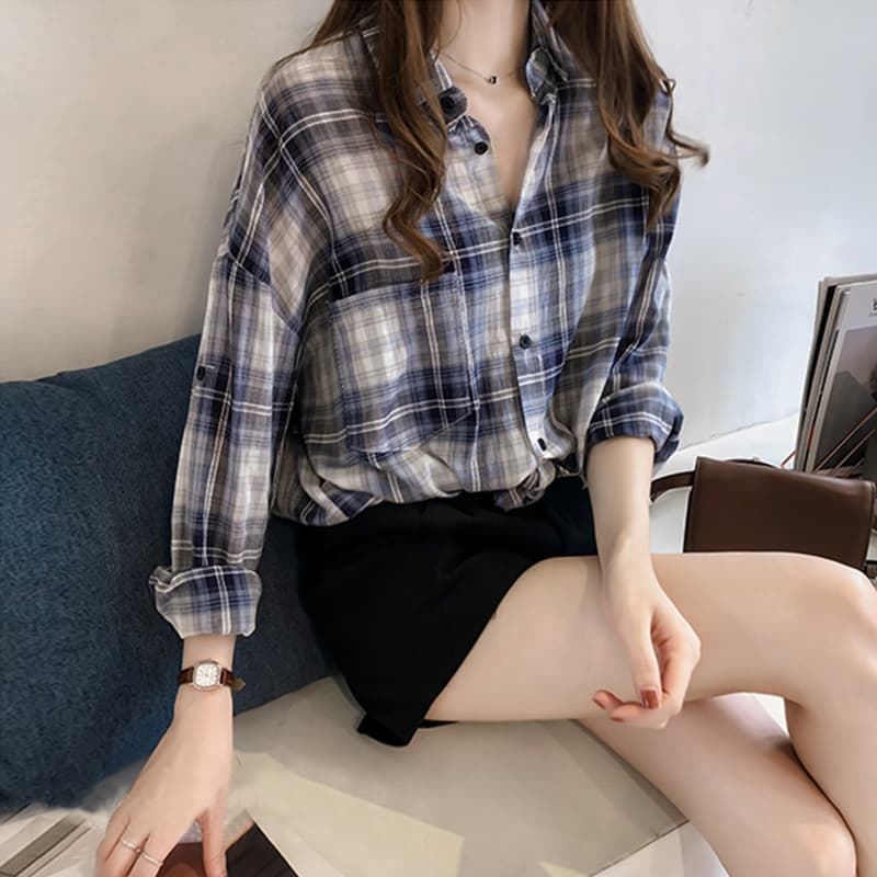 ストリートファッション ゆったりシルエット長袖格子柄シャツ